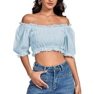 Off Shoulder Ruffle Trim Ruched Short Sleeve Blouse Crop Top Sz M